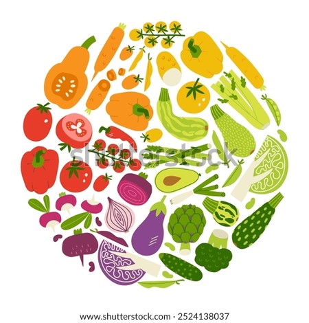 Vegetables rainbow wheel concept. Healthy diet hand drawn flat circle poster. Colorful simple print with vegetables for promo of healthy veggie nutrition promo.