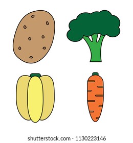 Vegetables raw vector icon set cartoon design, potato, broccoli, bell pepper and carrot