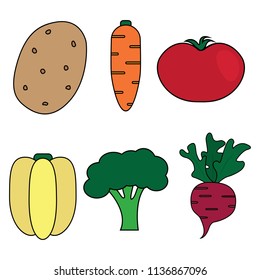 Vegetables raw vector icon set cartoon design, potato, broccoli, bell pepper, carrot, tomato and radish icons color