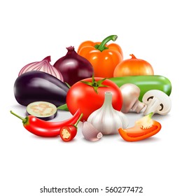 Vegetables realistic composition on white background with tomato onion sweet and hot pepper eggplant garlic courgette  mushroom vector illustration