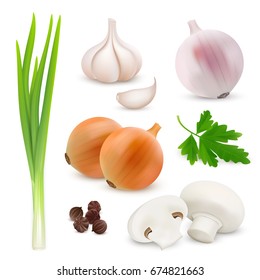 Vegetables realistic composition on white background with onions garlic mushrooms parsley. Vector illustration