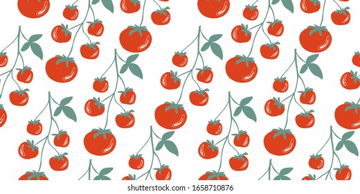 Vegetables, red cherry tomatoes on a branch, geometric seamless pattern on a white background, vector. Healthy and wholesome food. For printing on textiles and kitchen accessories, packaging.