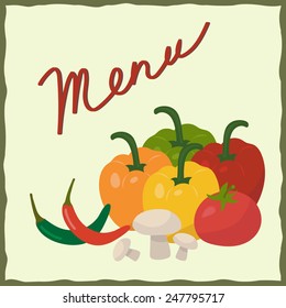 Vegetables - red tomato, yellow capsicum or sweet pepper, red and green chili peppers, mushrooms on a light green background with handwritten text "Menu"