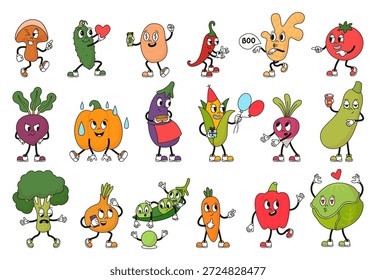 Verduras personajes retro. Vegetal Groovy con sonrisa de Sussy. Maíz, jengibre, pimiento, zanahoria y repollo. Pepino funky, remolacha enojada, conjunto de Vector neoterico
