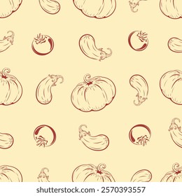 Vegetables are rich in essential vitamins for the human body, eggplant, tomato, design, art, pumpkin, vector, seamless pattern 