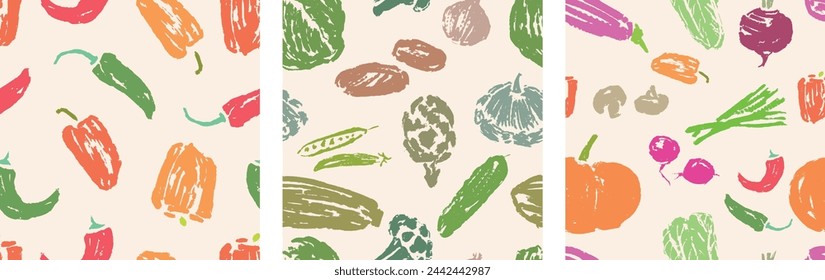 Vegetales maduros texturizados dibujos a mano siluetas coloridas, vitaminas vegetarianas, patrones sin fisuras vectoriales, fondos de alimentos crudos, papel, papel pintado, textil