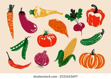 Estampado de riso de verduras. Efecto de impresión de pantalla de alimentos orgánicos coloridos para tela, textil, póster. Zanahoria tomate chile pimiento calabaza berenjena rábano pepino guisante chirivía maíz cebolla. Conjunto de Vector.