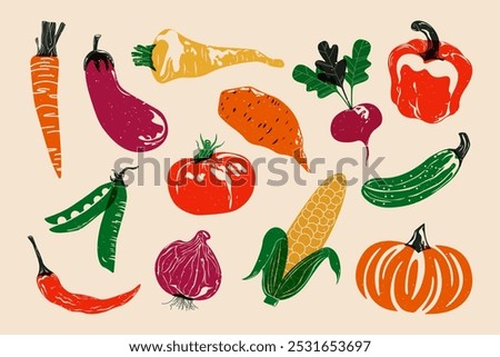 Vegetables riso print. Colorful organic food screen printing effect for fabric, textile, poster. Carrot tomato chilli pepper pumpkin eggplant radish cucumber pea parsnip corn onion. Vector set.