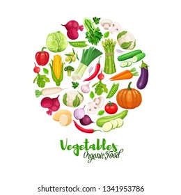 Vegetables round banner. Healthy food vector illustration. Cabbage, pepper, beets, or carrots. Onion, zucchini, eggplant and asparagus or corn, celery and mushrooms