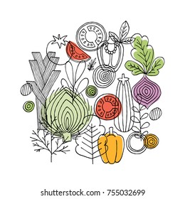 Vegetables Round Composition. Linear Graphic. Vegetables Background. Scandinavian Style. Healthy Food. Vector Illustration