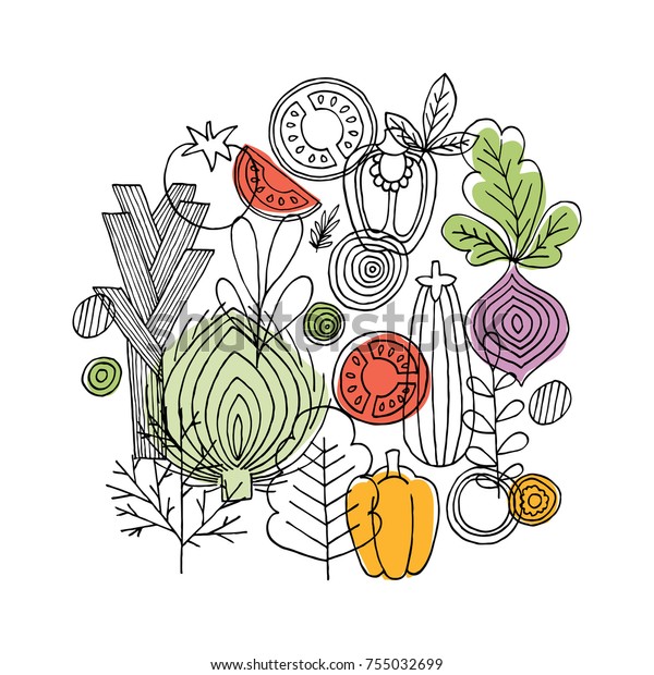 野菜の丸い組成 線形グラフィック 野菜の背景 北欧風 健康な食べ物 ベクターイラスト のベクター画像素材 ロイヤリティフリー 755032699