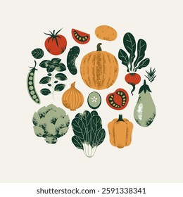 Vegetables round composition. Textured retro style. Vegetables background. Healthy food.