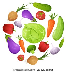 Composición redonda de verduras con tomates, brócoli, berenjena, ajo, cebolla, col, paprika y pepino. Impresión vectorial de dibujos animados saludables.