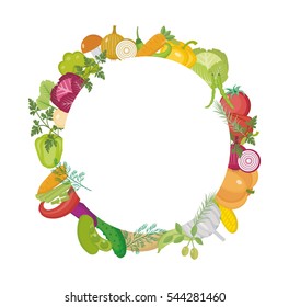 Vegetables round frame with space for text. Flat style. Isolated on white background. Healthy lifestyle, vegan, vegetarian diet, raw food. Vector illustration