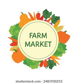 Vegetables round frame. Template for farm market. Veggies harvest vector illustration