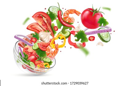 Vegetables salad of bowl explosion with chili, tomatoes, garlic, cucumber splashing elements isolated on white background. Vector realistic in 3D illustration.