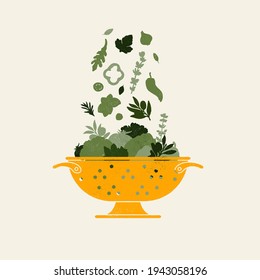 
Vegetables salad in the colander. Vegetables background. Minimalist style. Healthy organic food. Vector illustration