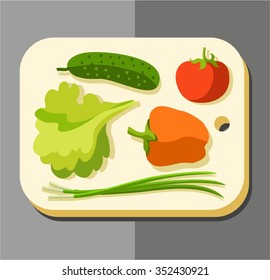 Vegetables for salad, coloured picture. Vector illustration with lying on a chopping Board vegetables for the salad. Vegetarianism, healthy food.  