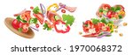 Vegetables salad explosion with chili, tomatoes, garlic, cucumber splashing elements isolated on white background. Vector realistic in 3D illustration.