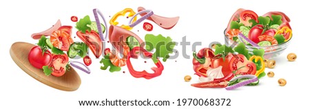 Vegetables salad explosion with chili, tomatoes, garlic, cucumber splashing elements isolated on white background. Vector realistic in 3D illustration.