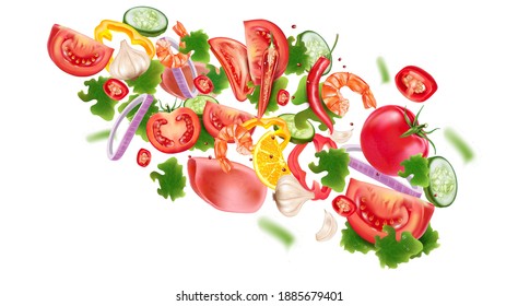 Vegetables salad flying with Fresh ingredients of chili, tomatoes, garlic splashing elements isolated on white background. Vector realistic in 3D illustration.