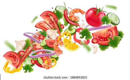 Vegetables salad with Fresh ingredients of chili, tomatoes, garlic splashing elements isolated on white background. Vector realistic in 3D illustration.