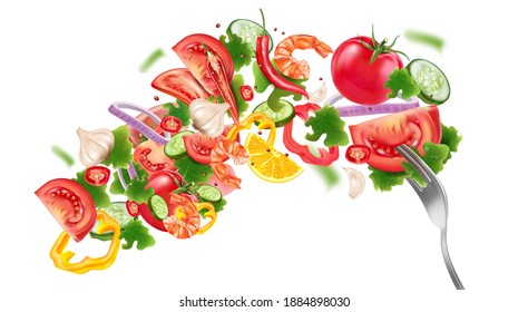 Vegetables salad with Fresh ingredients of chili, tomatoes, garlic splashing elements isolated on white background. Vector realistic in 3D illustration.