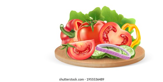 Vegetables salad on wooden plate with tomatoes, cucumber, bell pepper, onion slice elements isolated on white background. Vector realistic in 3D illustration.