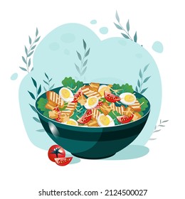 Vegetables Salad Recipe. Caesar Salad. Fresh Vegetables Cartoon Icon Design Food. Flat Vector Illustration Isolated On White Background.