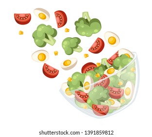 Vegetables salad recipe. Salad fall to transparent bowl. Fresh vegetables cartoon icon design food. Flat vector illustration isolated on white background