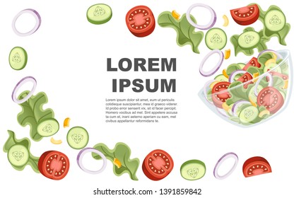 Vegetables salad recipe. Salad fall to transparent bowl. Fresh vegetables cartoon icon design food. Flat vector illustration on white background. Advertising flyer or greetings card design.