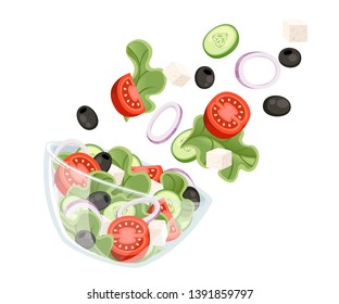 Vegetables Salad Recipe. Greek Salad Fall To Transparent Bowl. Fresh Vegetables Cartoon Icon Design Food. Flat Vector Illustration Isolated On White Background.