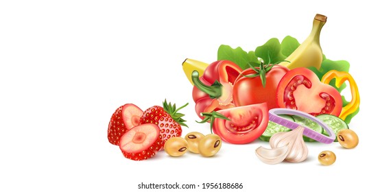 Vegetables salad set with chili, tomatoes, garlic, cucumber splashing elements isolated on white background. Vector realistic in 3D illustration.