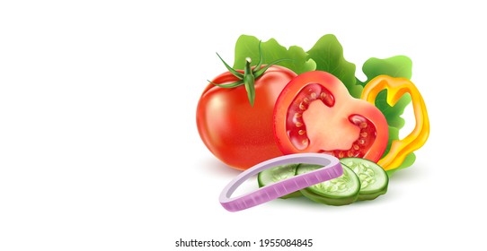 Vegetables salad with tomatoes, cucumber, bell pepper, onion element set isolated on white background. Vector realistic in 3D illustration.