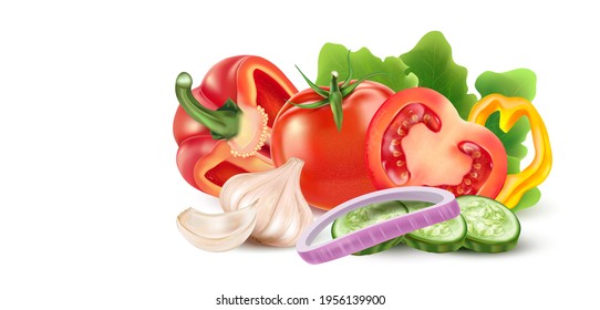 Vegetables salad with tomatoes, cucumber, bell pepper, onion, garlic element set isolated on white background. Vector realistic in 3D illustration.