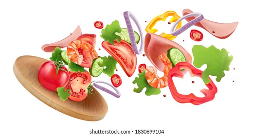 Vegetables salad of wooden plate explosion with chili, tomatoes, garlic splashing elements isolated on white background. Vector realistic in 3D illustration.