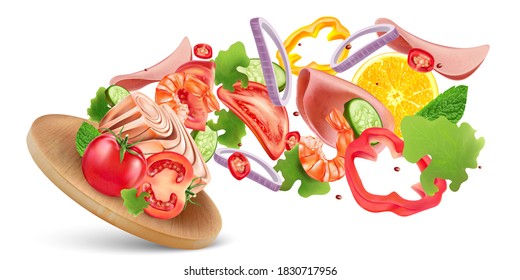 Vegetables salad of wooden plate explosion with chili, tomatoes, garlic splashing elements isolated on white background. Vector realistic in 3D illustration.