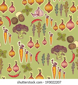 Vegetables and salads seamless vector pattern.