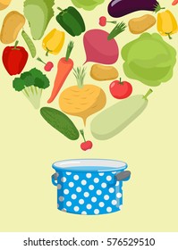 Vegetables in saucepan. Boil vegetable soup. Vegetarian food. Cover for menu