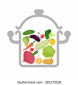 Vegetables in saucepan. Logo for vegetarian menu. Useful and healthy food. Boiled beets and squash. onions and pepper. Cooking soup
