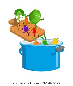 Vegetables in saucepan. Vegetarian soup. Vegan food.
