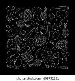 Vegetables are scattered on a surface in a chaotic order. Vector background. 
