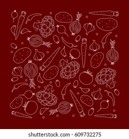 Vegetables are scattered on a surface in a chaotic order. Vector background. 