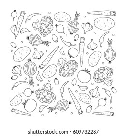 Vegetables are scattered on a surface in a chaotic order. Vector background. 