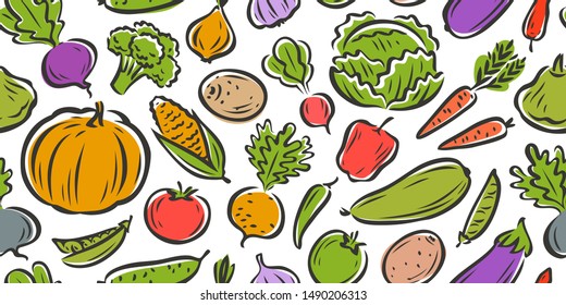 Vegetables seamless background, pattern. Cartoon vector illustration