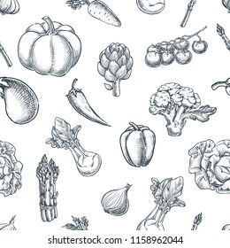 Vegetables seamless black white pattern. Vector sketch illustration. Farming and harvesting background. Fresh veggies market package design.