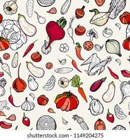 Vegetables seamless hand drawn pattern red. Vegetarian hipster food illustration. Hand drawn vector pattern vegetables. Fresh green for restaurant, menu, farm shop, harvest festival, poster, fabric.