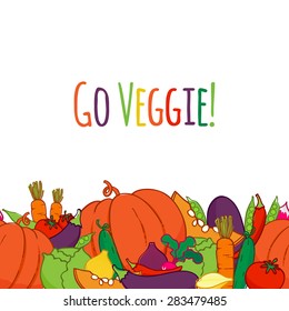 Vegetables seamless horizontal background. Colorful vegetarian lifestyle illustration. Sketch style.
