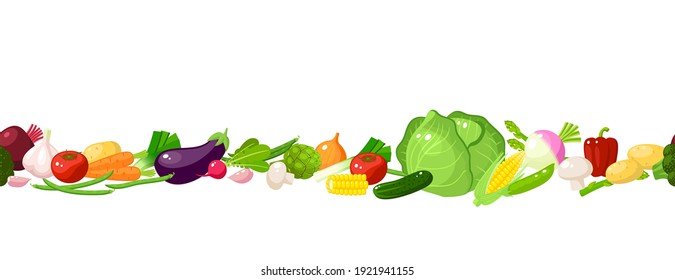 Vegetables seamless horizontal composition. Template for packaging label design. Vector illustration cartoon flat icon collection on white.