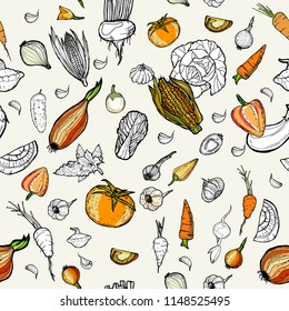 Vegetables seamless orange hand drawn pattern. Vegetarian hipster food illustration. Hand drawn vector pattern of vegetables. Fresh green restaurant, menu, farm shop, harvest festival, poster, fabric.